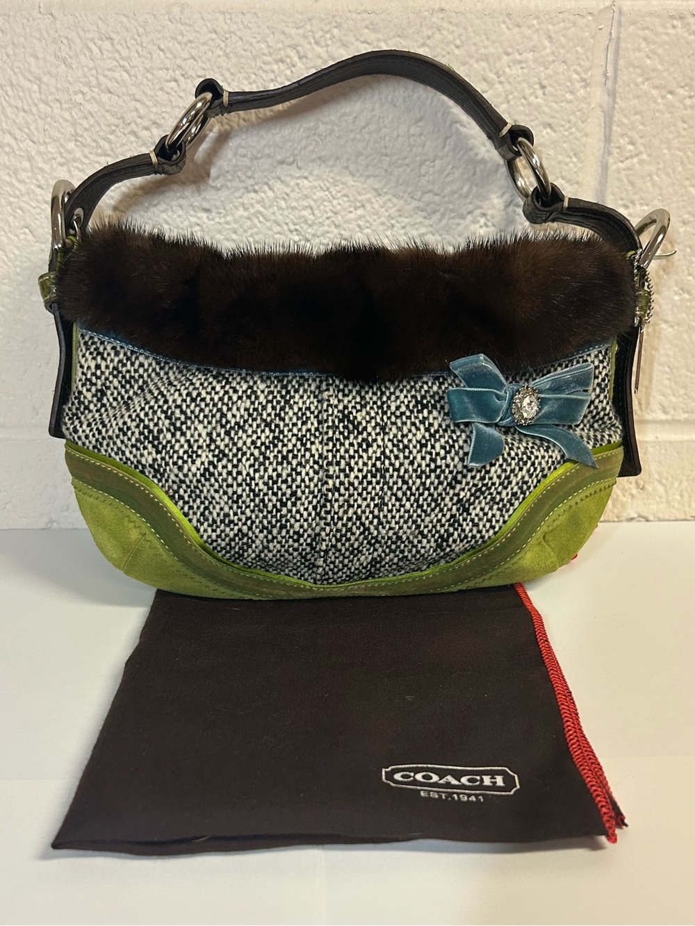 Coach Soho Exotic Tweed Suede Mink Fur Python Small Hobo Bag NO:C052-8F05